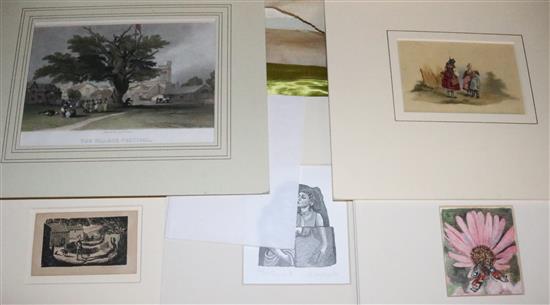 Watercolour, mother and two children & 6 other etchings